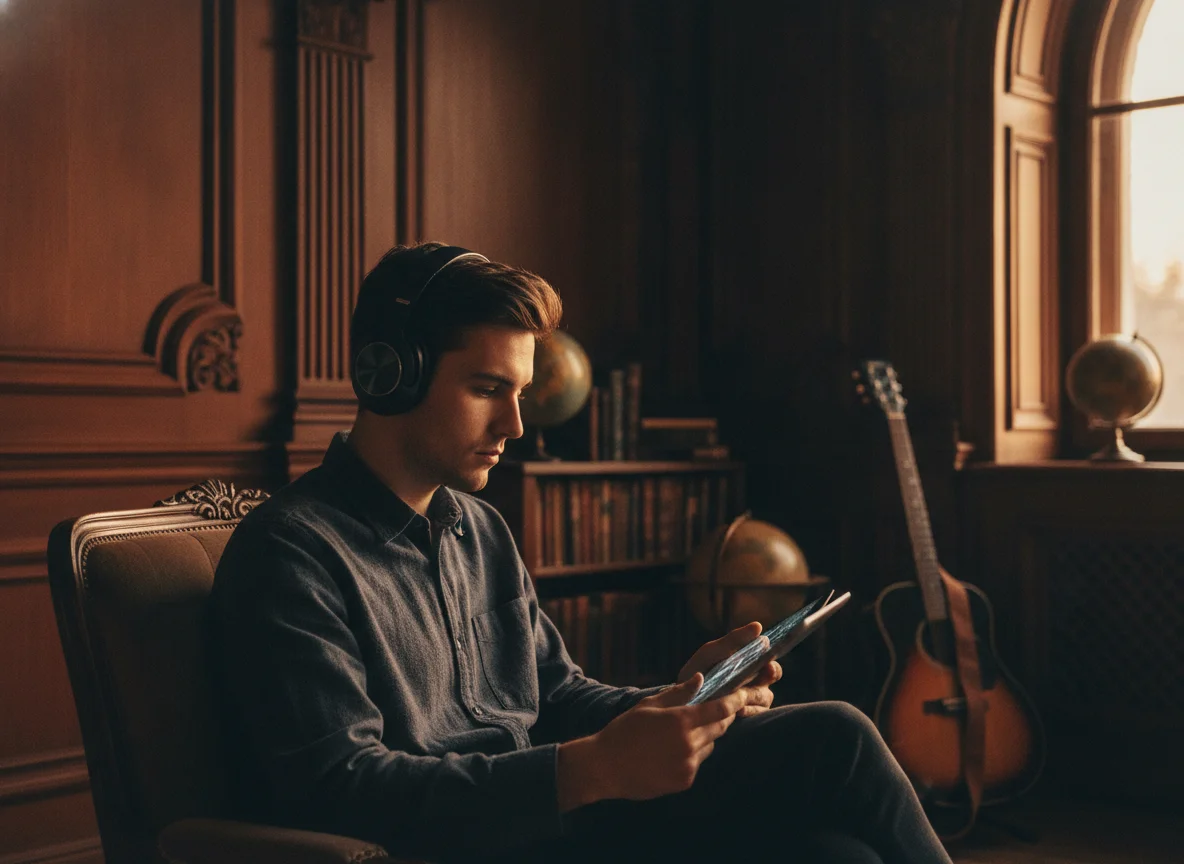 Songwriter with guitar and notebook