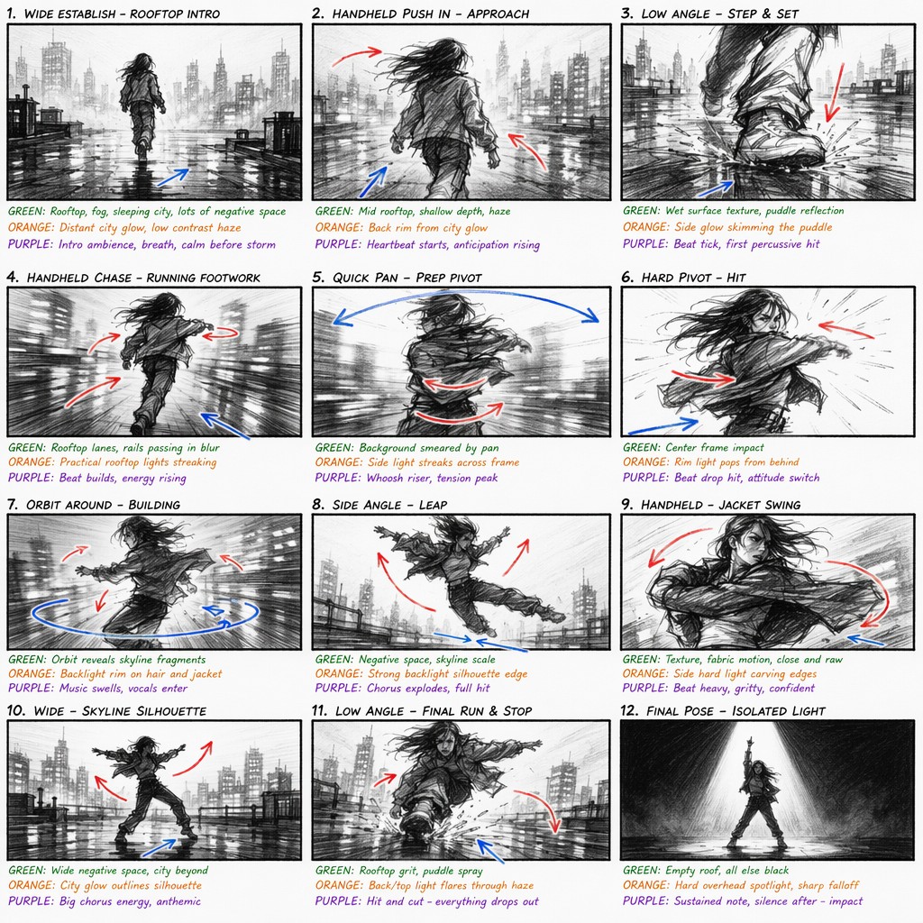 Annotated contemporary performance storyboard reference